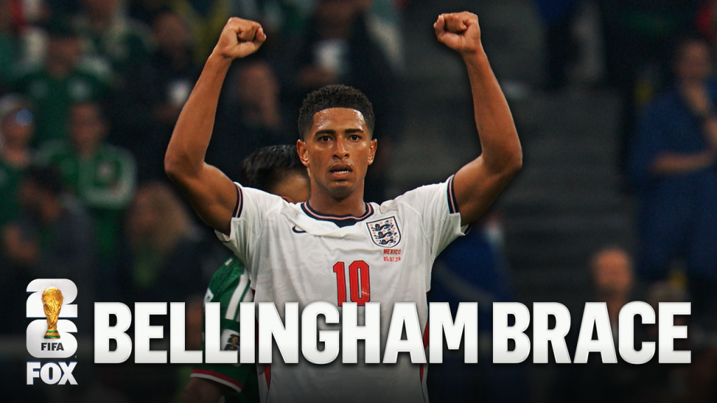 Bellingham scores twice in quick succession to give England lead against Mexico at 2026 World Cup (Photo by: foxsports.com)