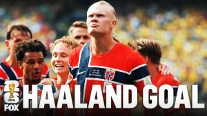 Haaland scores header for Norway against Brazil at 2026 FIFA World Cup (Photo by: foxsports.com)
